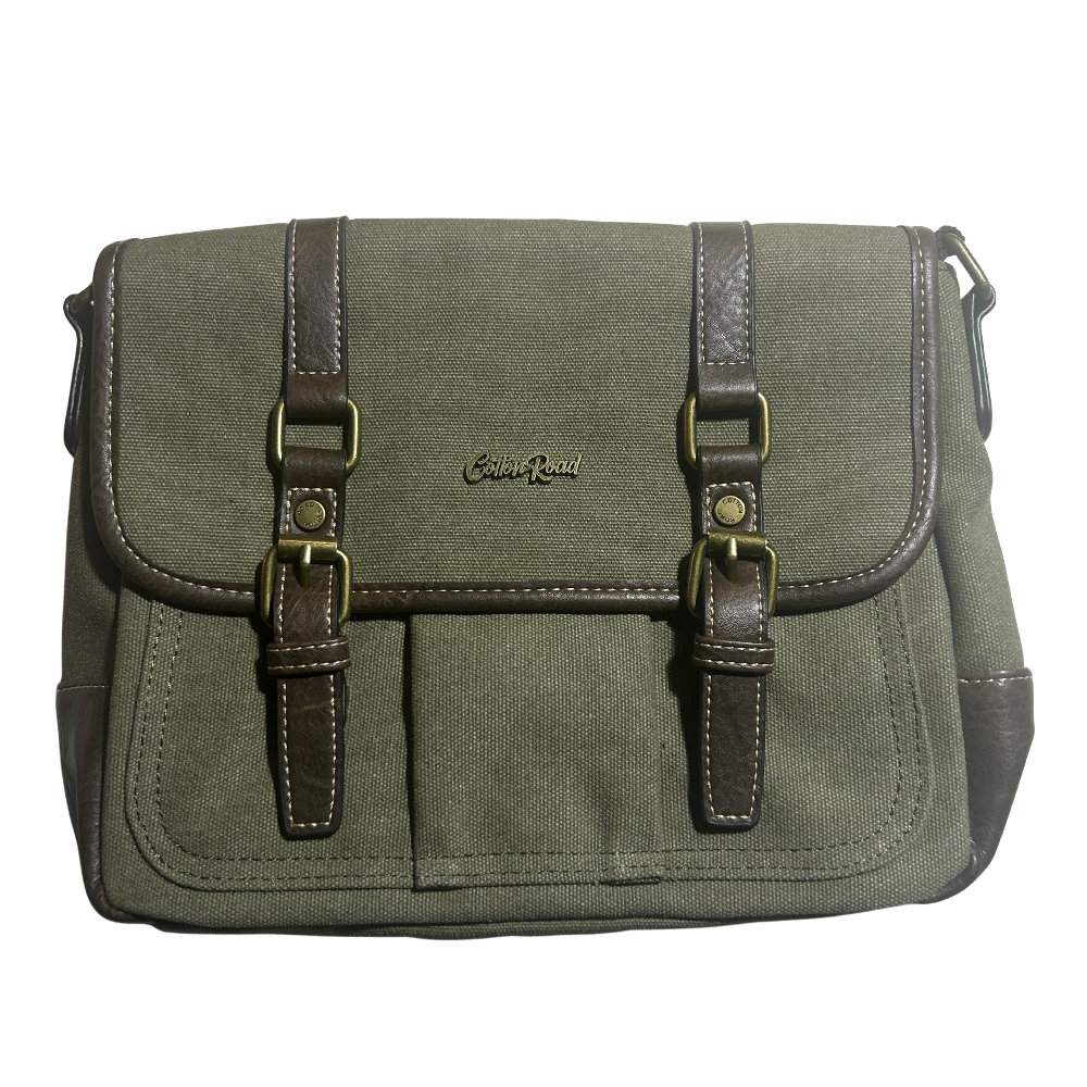 COTTON ROAD SLING BAG: GREEN CANVAS with PU LEATHER DETAILING MESSENGER BAG