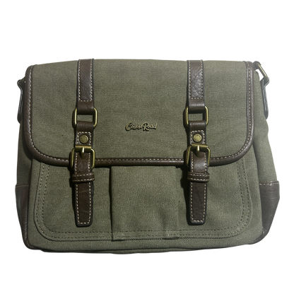 COTTON ROAD SLING BAG: GREEN CANVAS with PU LEATHER DETAILING MESSENGER BAG