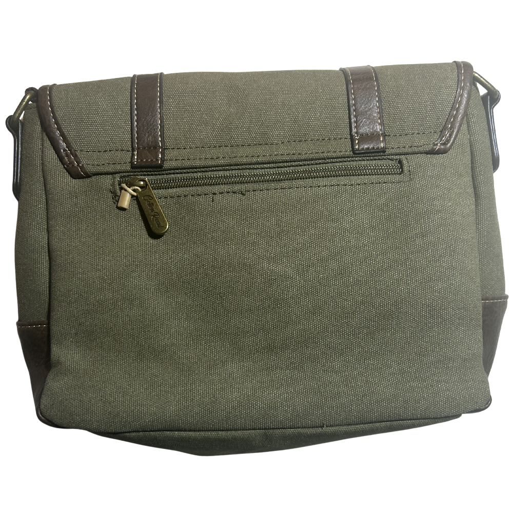COTTON ROAD SLING BAG: GREEN CANVAS with PU LEATHER DETAILING MESSENGER BAG BACK