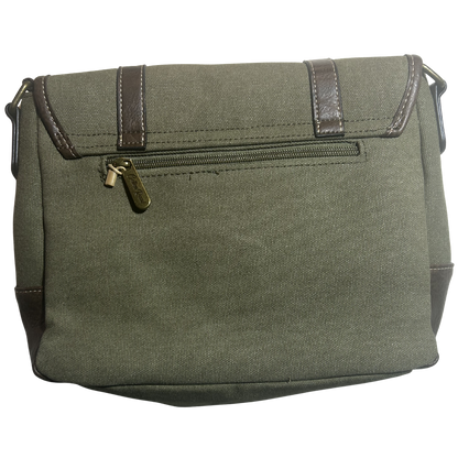 COTTON ROAD SLING BAG: GREEN CANVAS with PU LEATHER DETAILING MESSENGER BAG BACK