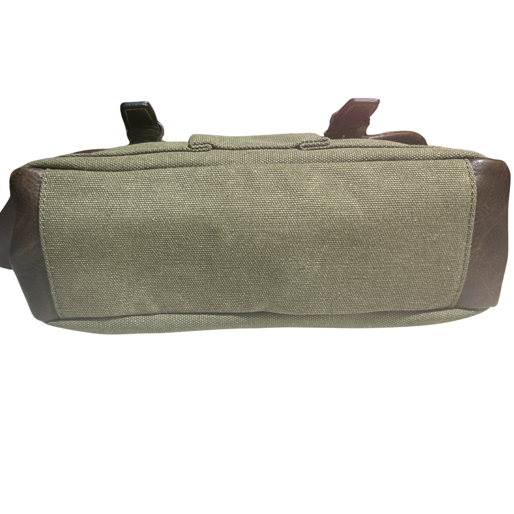 COTTON ROAD SLING BAG: GREEN CANVAS with PU LEATHER DETAILING MESSENGER BAG BOTTOM