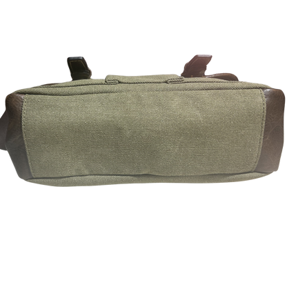 COTTON ROAD SLING BAG: GREEN CANVAS with PU LEATHER DETAILING MESSENGER BAG BOTTOM