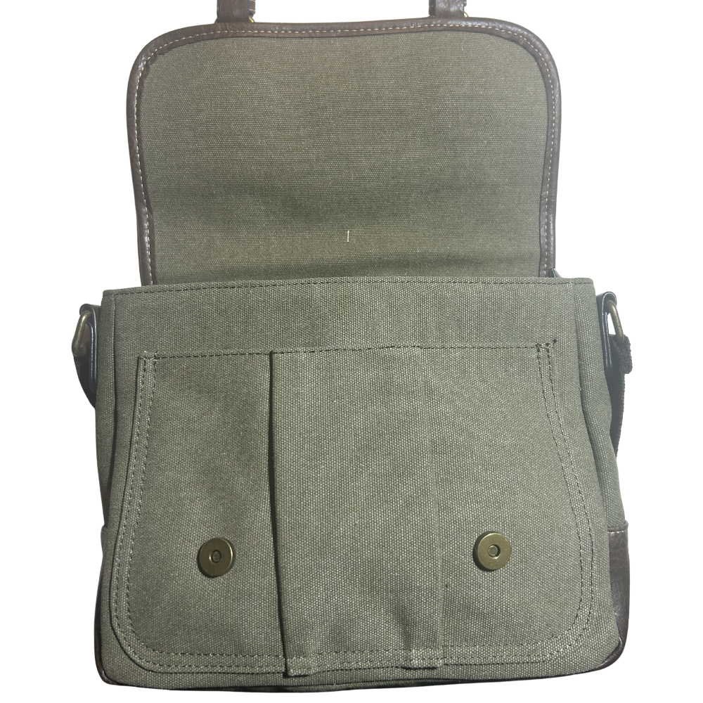 COTTON ROAD SLING BAG: GREEN CANVAS with PU LEATHER DETAILING MESSENGER BAG FRONT OPEN
