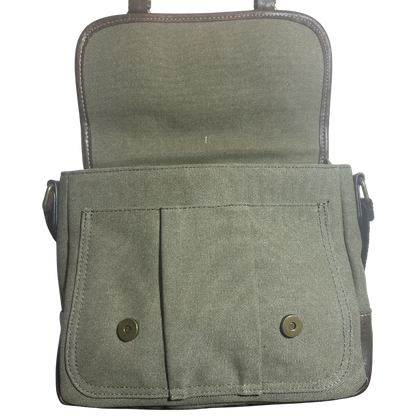 COTTON ROAD SLING BAG: GREEN CANVAS with PU LEATHER DETAILING MESSENGER BAG FRONT OPEN