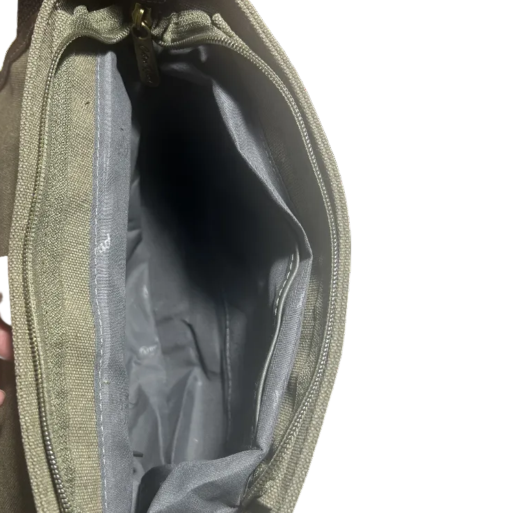 COTTON ROAD SLING BAG: GREEN CANVAS with PU LEATHER DETAILING MESSENGER BAG INSIDE