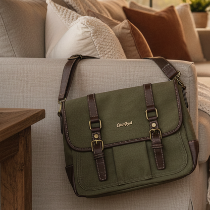 COTTON ROAD SLING BAG: GREEN CANVAS with PU LEATHER DETAILING MESSENGER BAG LIFESTYLE