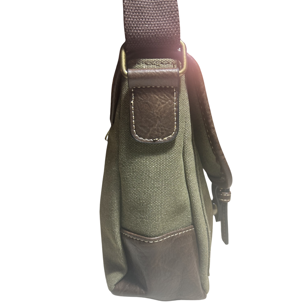 COTTON ROAD SLING BAG: GREEN CANVAS with PU LEATHER DETAILING MESSENGER BAG SIDE