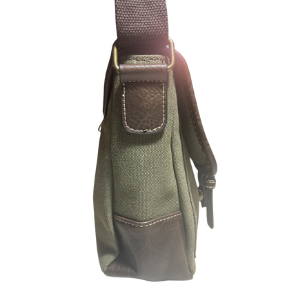 COTTON ROAD SLING BAG: GREEN CANVAS with PU LEATHER DETAILING MESSENGER BAG SIDE
