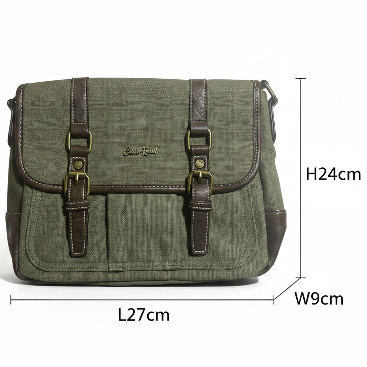 COTTON ROAD SLING BAG: GREEN CANVAS with PU LEATHER DETAILING MESSENGER BAG SIZED