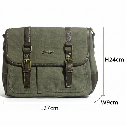 COTTON ROAD SLING BAG: GREEN CANVAS with PU LEATHER DETAILING MESSENGER BAG SIZED