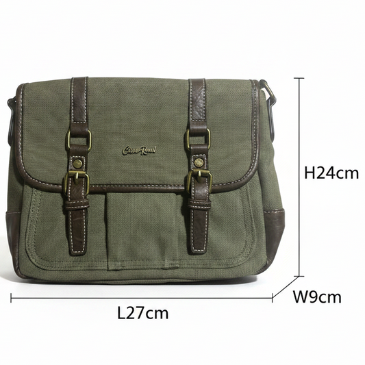 COTTON ROAD SLING BAG: GREEN CANVAS with PU LEATHER DETAILING MESSENGER BAG SIZED
