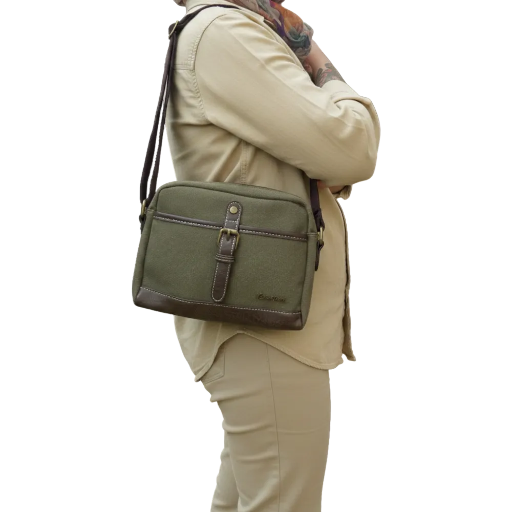 COTTON ROAD SLING BAG: GREEN Canvas with PU Leather Trim Bag