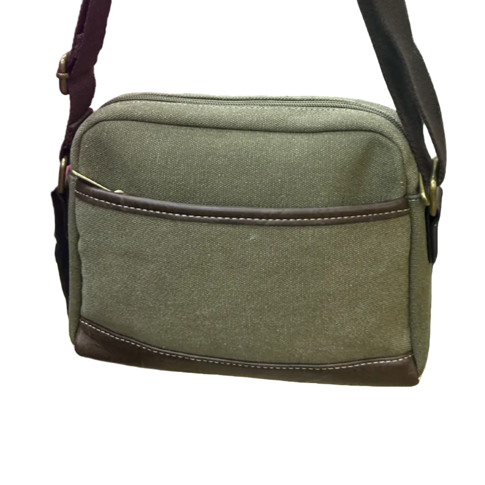 COTTON ROAD SLING BAG: GREEN Canvas with PU Leather Trim Bag BACK
