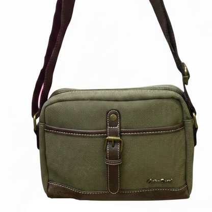 COTTON ROAD SLING BAG: GREEN Canvas with PU Leather Trim Bag FRONT