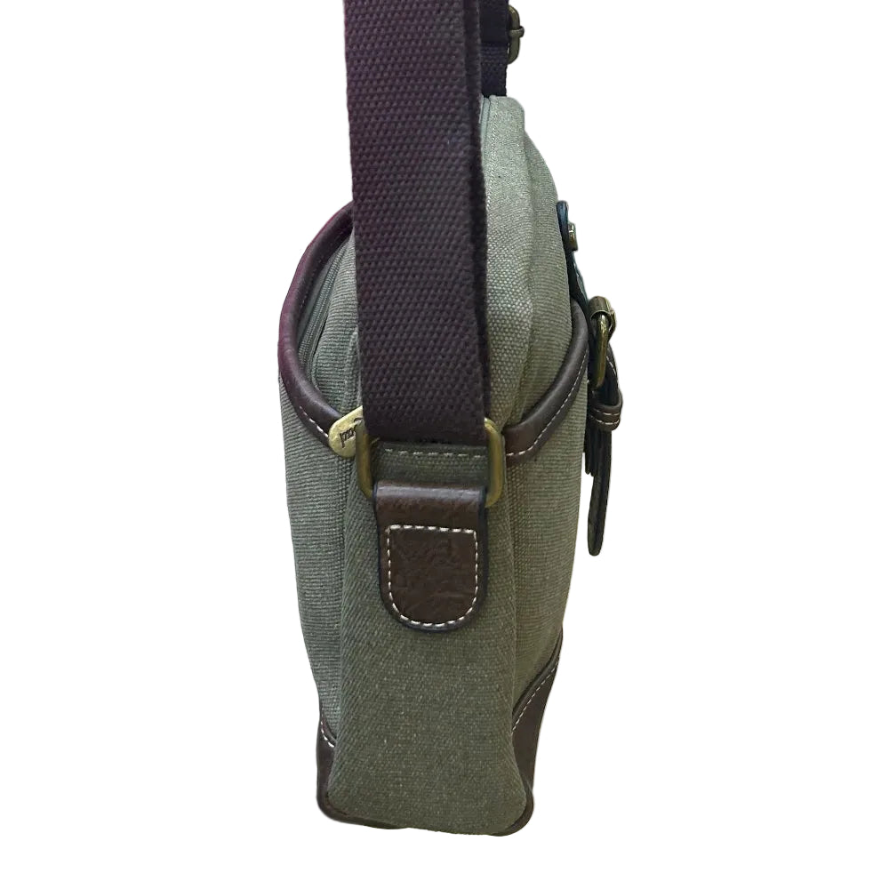 COTTON ROAD SLING BAG: GREEN Canvas with PU Leather Trim Bag SIDE VIEW