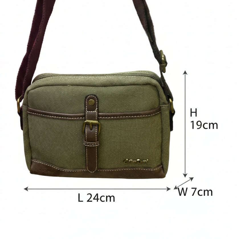 COTTON ROAD SLING BAG: GREEN Canvas with PU Leather Trim Bag SIZES