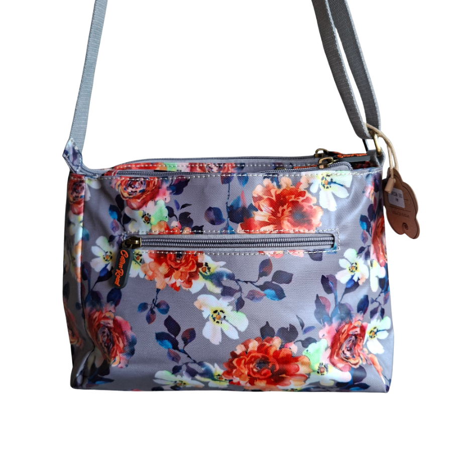 COTTON ROAD SLING BAG: GREY PVC Triple pocket Sling with Colourful floral print BACK