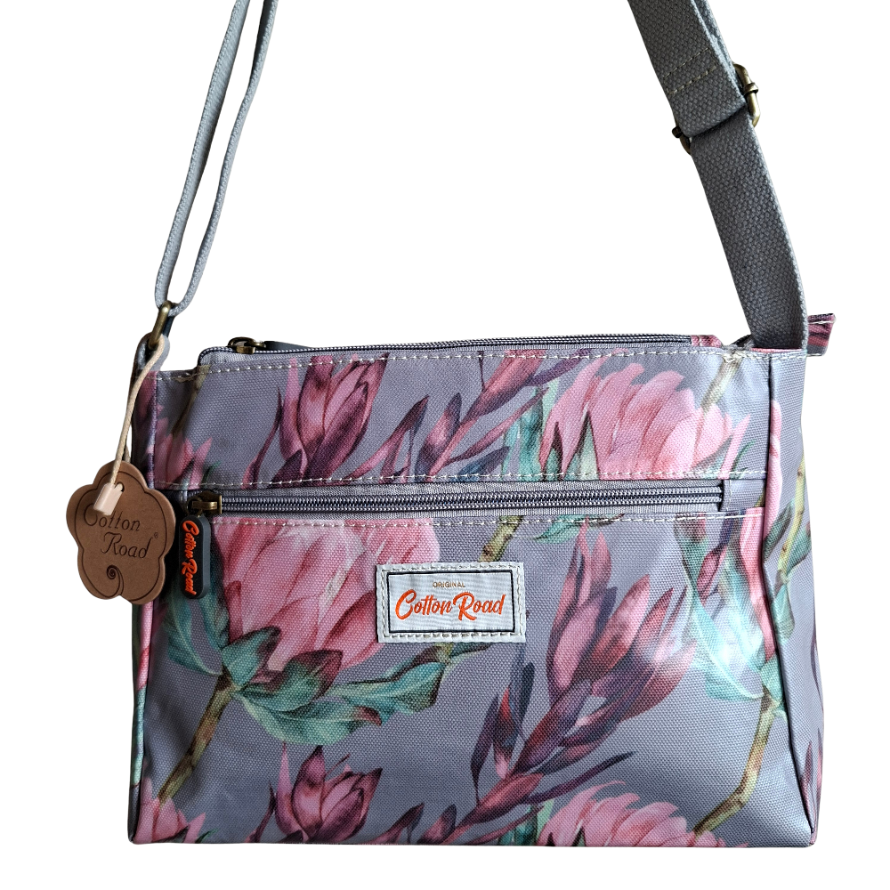 COTTON ROAD SLING BAG: GREY PVC Triple pocket Sling with Protea print front hanging