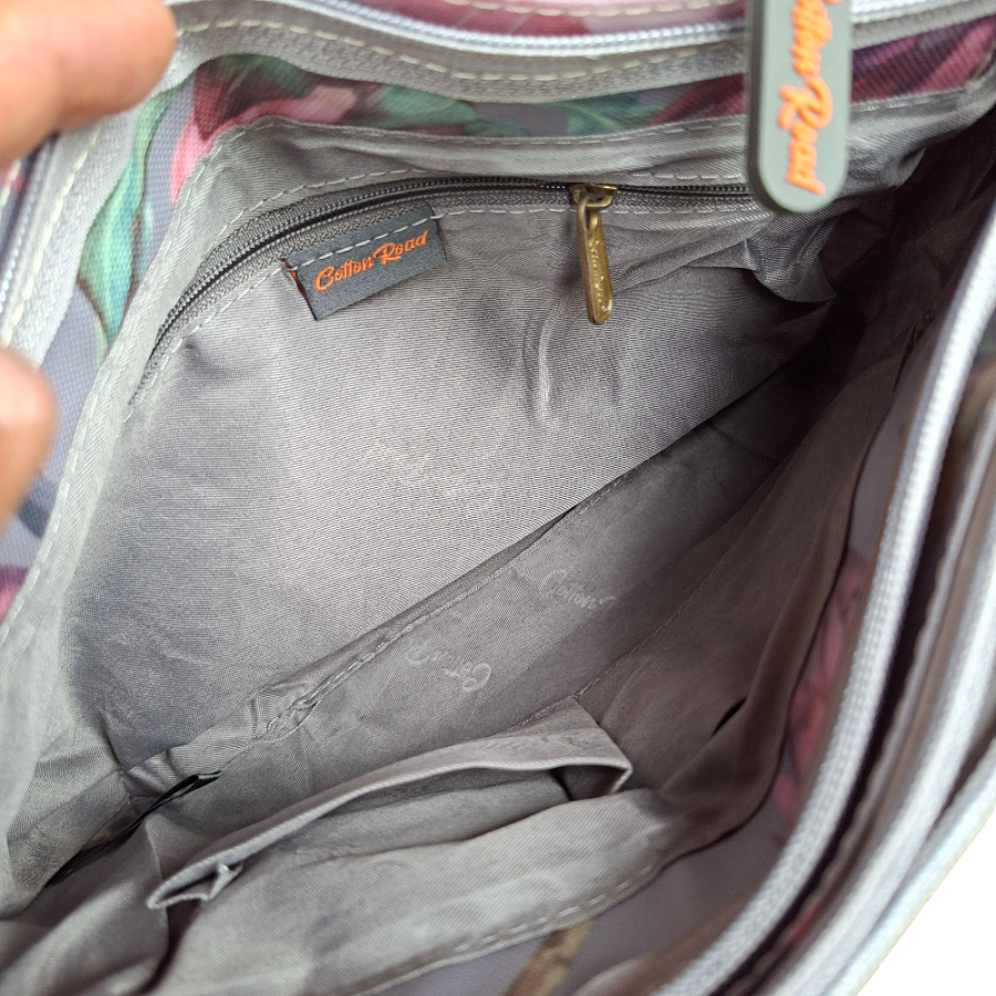 COTTON ROAD SLING BAG: GREY PVC Triple pocket Sling with Protea print inside bag