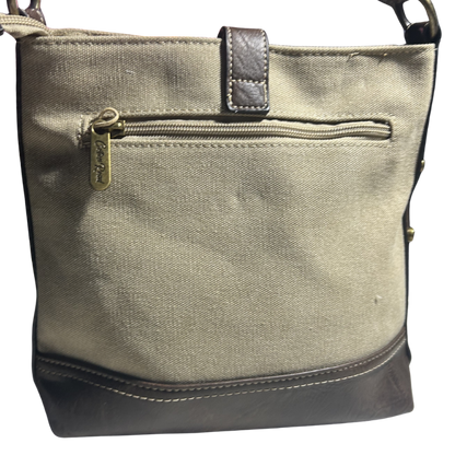 COTTON ROAD SLING BAG: KHAKI CANVAS AND PU LEATHER CASUAL BAG BACK