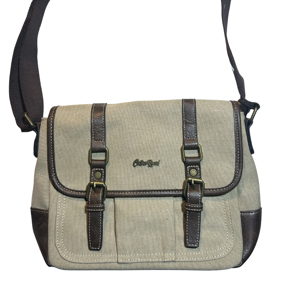 COTTON ROAD SLING BAG: KHAKI CANVAS with PU LEATHER DETAILING MESSENGER BAG