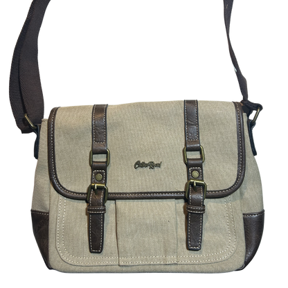 COTTON ROAD SLING BAG: KHAKI CANVAS with PU LEATHER DETAILING MESSENGER BAG