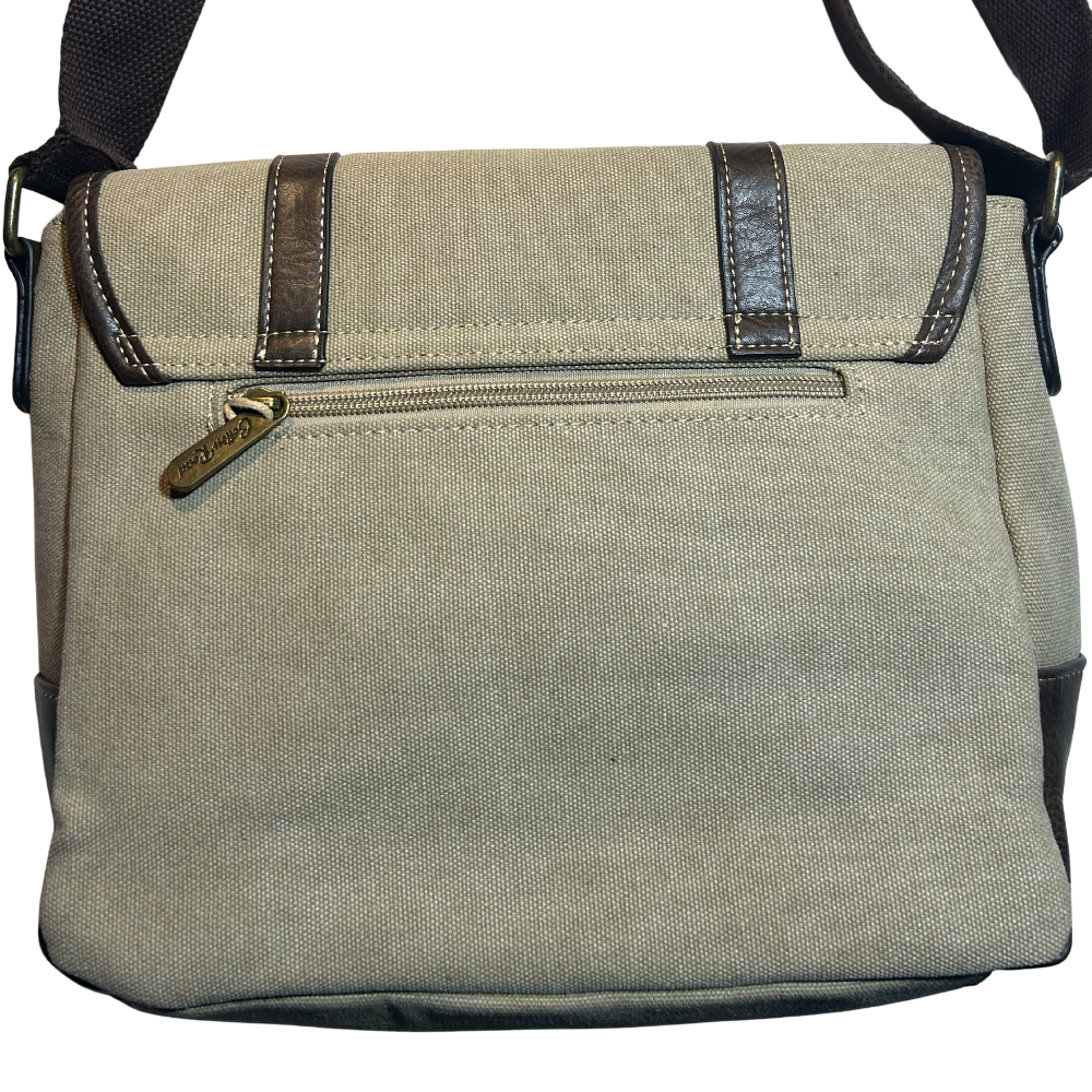 COTTON ROAD SLING BAG: KHAKI CANVAS with PU LEATHER DETAILING MESSENGER BAG BACK