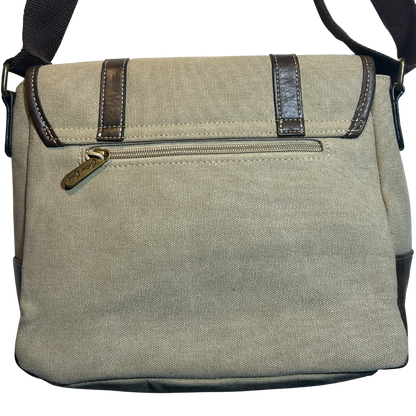 COTTON ROAD SLING BAG: KHAKI CANVAS with PU LEATHER DETAILING MESSENGER BAG BACK