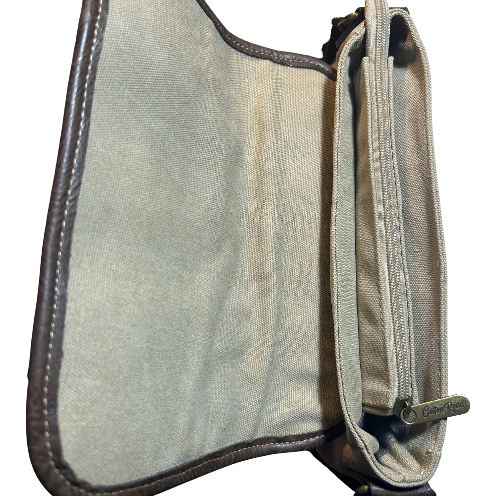 COTTON ROAD SLING BAG: KHAKI CANVAS with PU LEATHER DETAILING MESSENGER BAG CLOSED ZIP