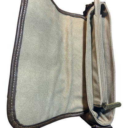 COTTON ROAD SLING BAG: KHAKI CANVAS with PU LEATHER DETAILING MESSENGER BAG CLOSED ZIP