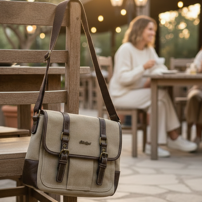 COTTON ROAD SLING BAG: KHAKI CANVAS with PU LEATHER DETAILING MESSENGER BAG LIFESTYLE