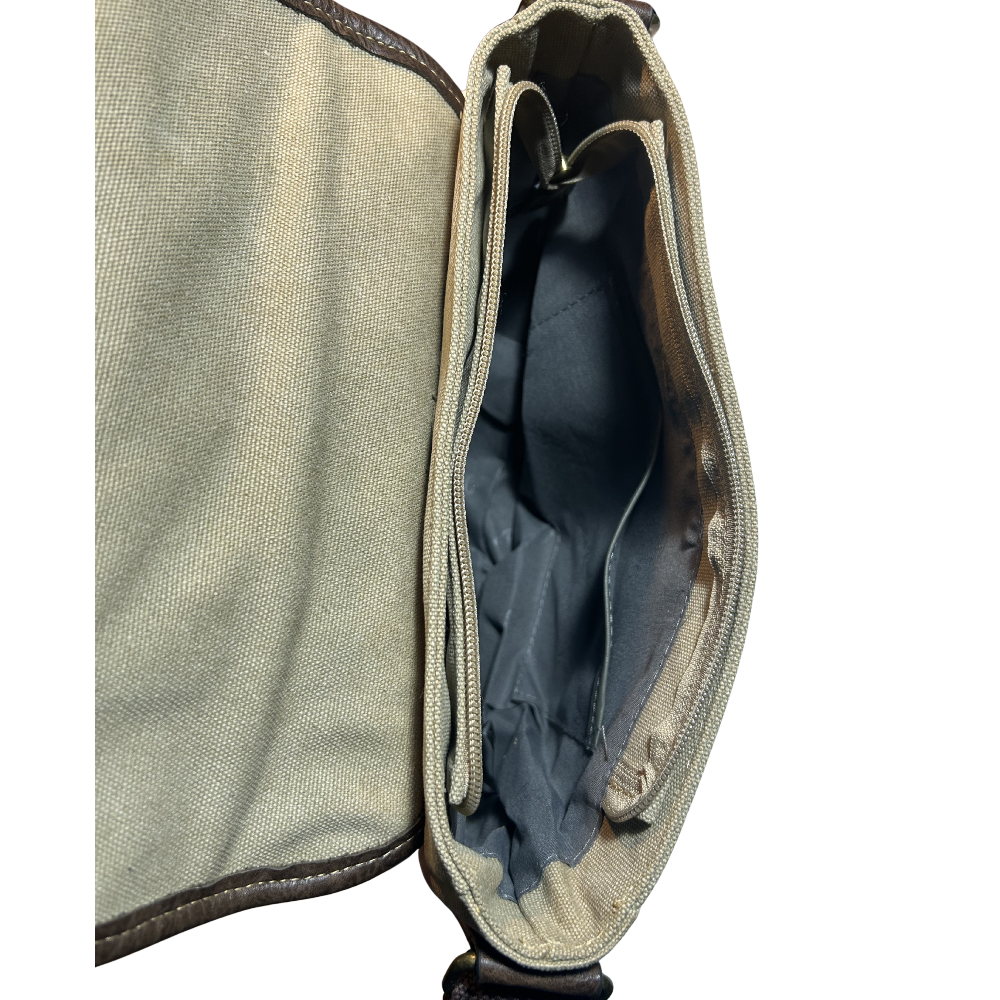 COTTON ROAD SLING BAG: KHAKI CANVAS with PU LEATHER DETAILING MESSENGER BAG OPEN ZIP