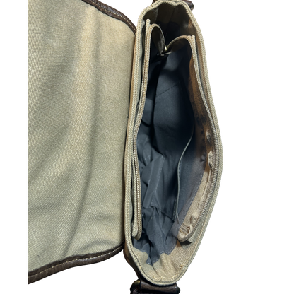 COTTON ROAD SLING BAG: KHAKI CANVAS with PU LEATHER DETAILING MESSENGER BAG OPEN ZIP