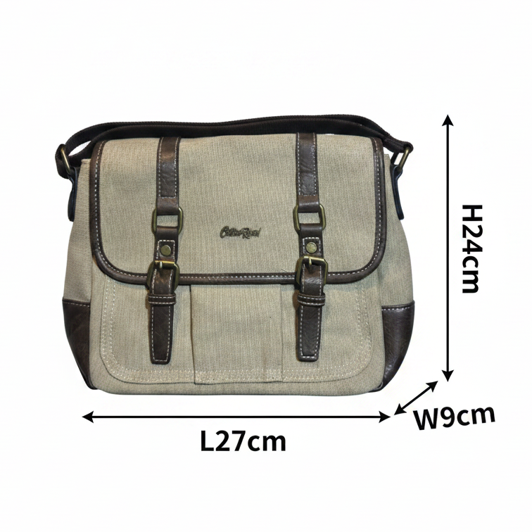 COTTON ROAD SLING BAG: KHAKI CANVAS with PU LEATHER DETAILING MESSENGER BAG SIZE