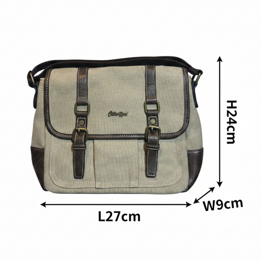COTTON ROAD SLING BAG: KHAKI CANVAS with PU LEATHER DETAILING MESSENGER BAG SIZE