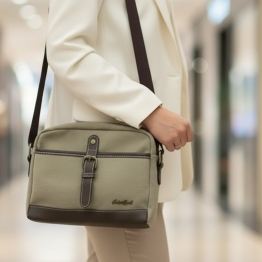 Cotton Road Sling Bag: KHAKI Canvas with PU Leather Trim