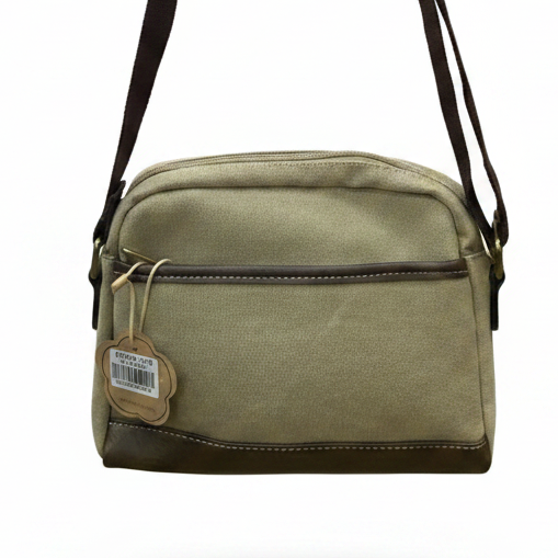 COTTON ROAD SLING BAG: KHAKI Canvas with PU Leather Trim Bag BACK