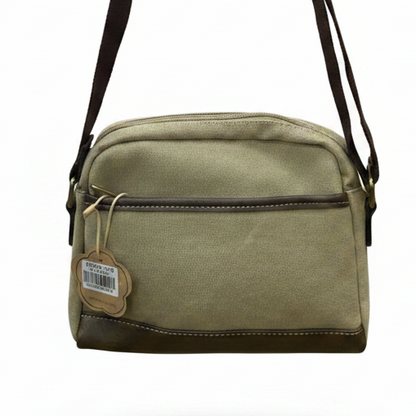 COTTON ROAD SLING BAG: KHAKI Canvas with PU Leather Trim Bag BACK