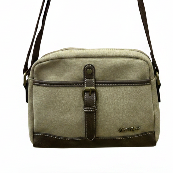 COTTON ROAD SLING BAG: KHAKI Canvas with PU Leather Trim Bag FRONT