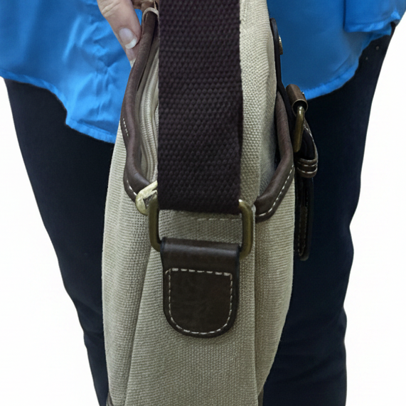 COTTON ROAD SLING BAG: KHAKI Canvas with PU Leather Trim Bag SIDE