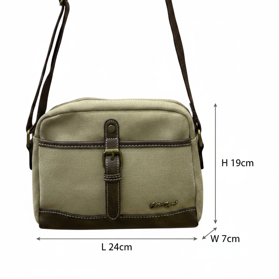 COTTON ROAD SLING BAG: KHAKI Canvas with PU Leather Trim Bag SIZE