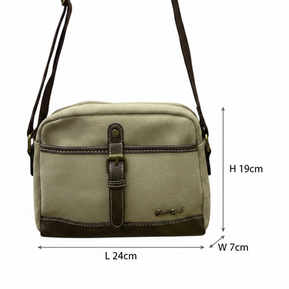 COTTON ROAD SLING BAG: KHAKI Canvas with PU Leather Trim Bag SIZE