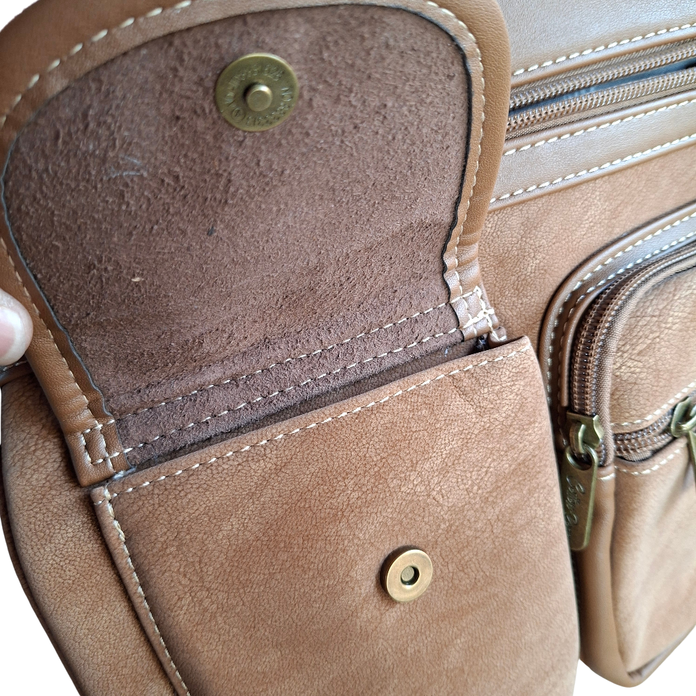 COTTON ROAD SLING BAG: KHAKI Multi POCKET Crossbody with Adjustable Strap FRONT POCKET  OPEN