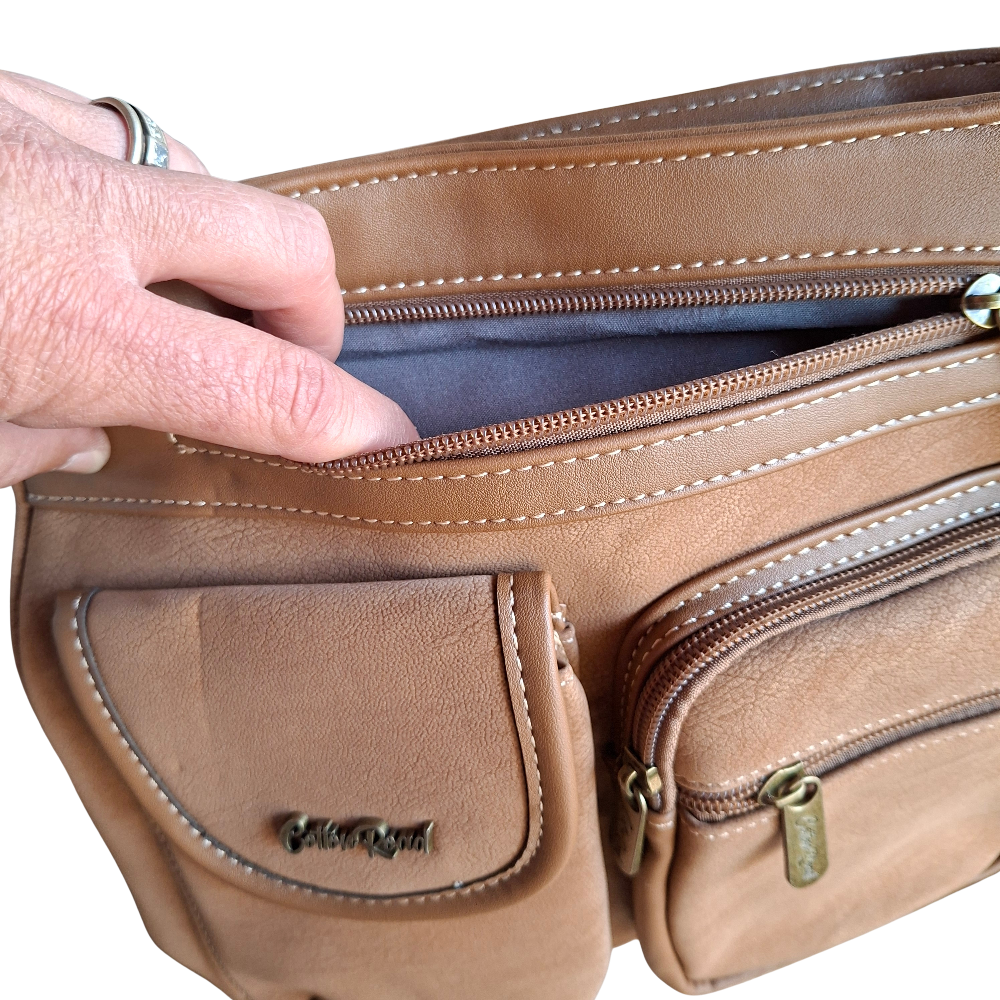 COTTON ROAD SLING BAG: KHAKI Multi POCKET Crossbody with Adjustable Strap FRONT TOP POCKET  ZIP OPEN