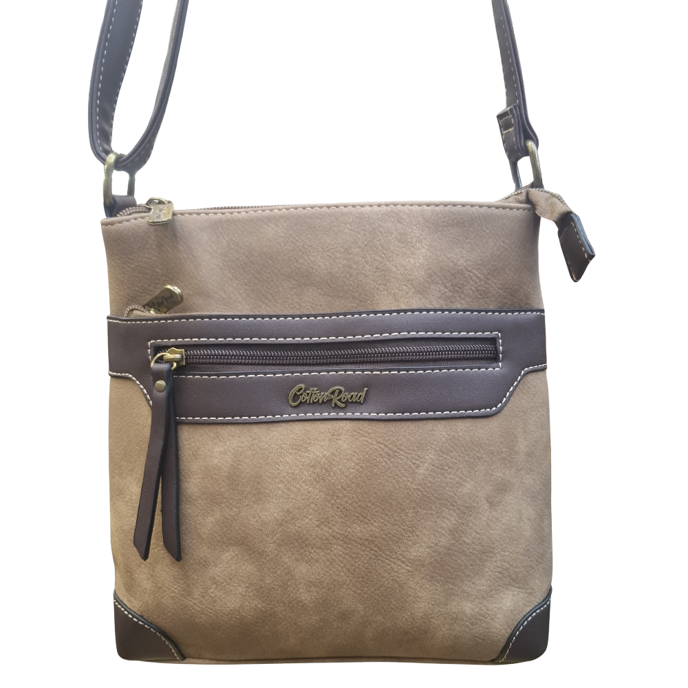 COTTON ROAD SLING BAG: KHAKI Soft PU Leather CROSSBODY with BROWN TRIM