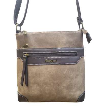 COTTON ROAD SLING BAG: KHAKI Soft PU Leather CROSSBODY with BROWN TRIM