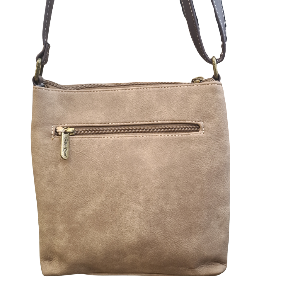 COTTON ROAD SLING BAG: KHAKI Soft PU Leather CROSSBODY with BROWN TRIM BACK