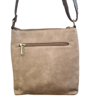 COTTON ROAD SLING BAG: KHAKI Soft PU Leather CROSSBODY with BROWN TRIM BACK