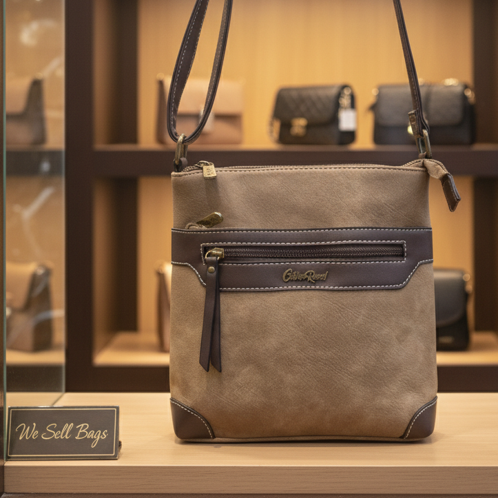 COTTON ROAD SLING BAG: KHAKI Soft PU Leather CROSSBODY with BROWN TRIM DISPLAY