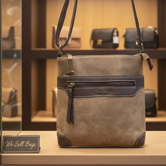 COTTON ROAD SLING BAG: KHAKI Soft PU Leather CROSSBODY with BROWN TRIM DISPLAY